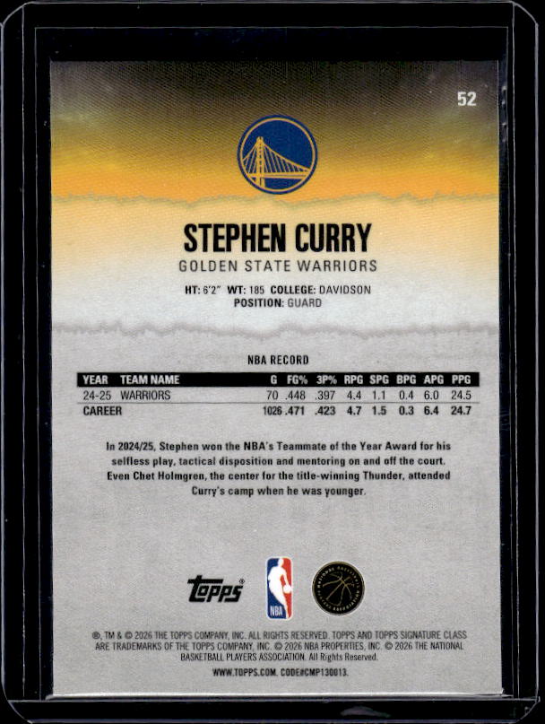 2025-26 Topps Signature Class #52 Stephen Curry Pandora Refractor