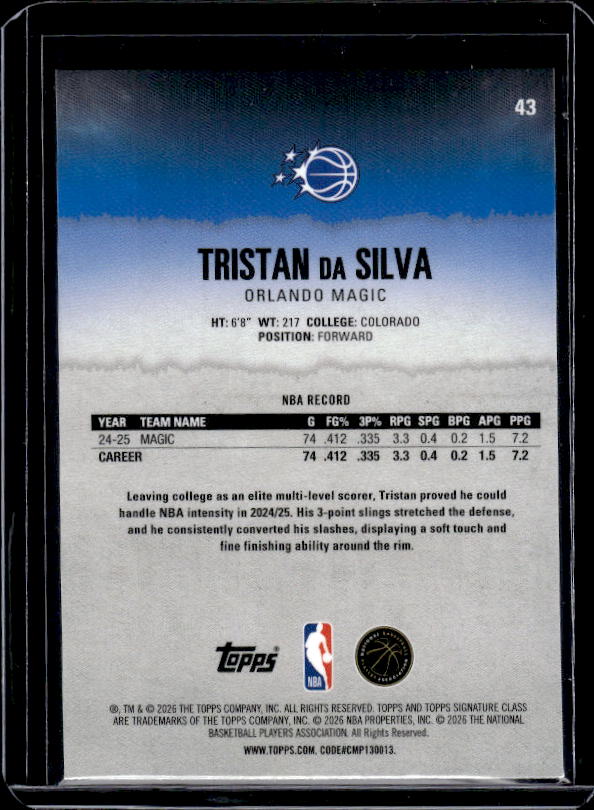 2025-26 Topps Signature Class #43 Tristan da Silva Pandora Refractor