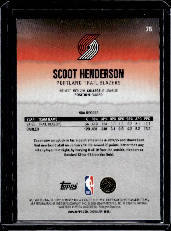 2025-26 Topps Signature Class #75 Scoot Henderson Pandora Refractor