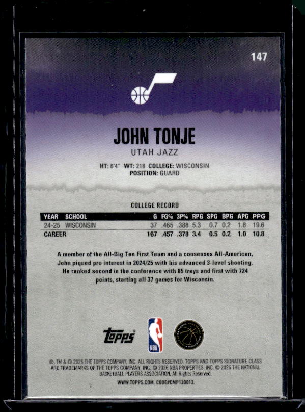 2025-26 Topps Signature Class #144 John Tonje Pandora Refractor