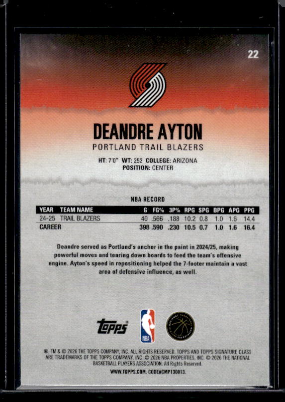 2025-26 Topps Signature Class #22 Deandre Ayton Pandora Refractor