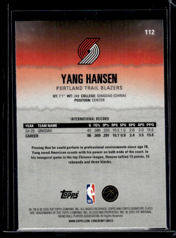 2025-26 Topps Signature Class #112 Yang Hansen Pandora Refractor