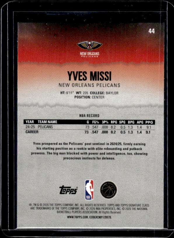 2025-26 Topps Signature Class #44 Yves Missi Teal #/225