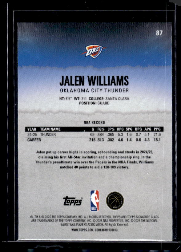 2025-26 Topps Signature Class #87 Jalen Williams Green #/150