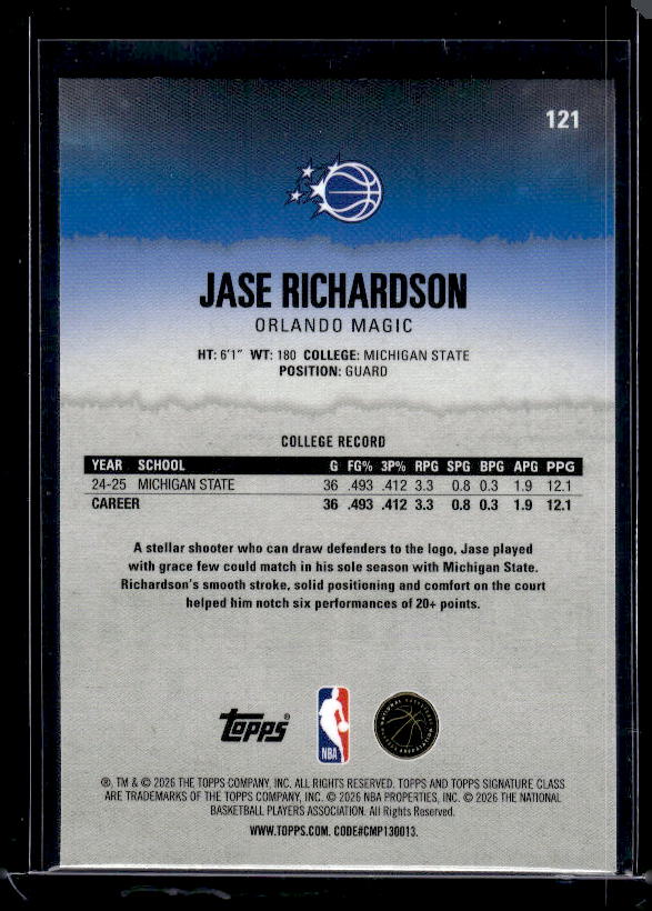 2025-26 Topps Signature Class #121 Jase Richardson Yellow Chrome #/275