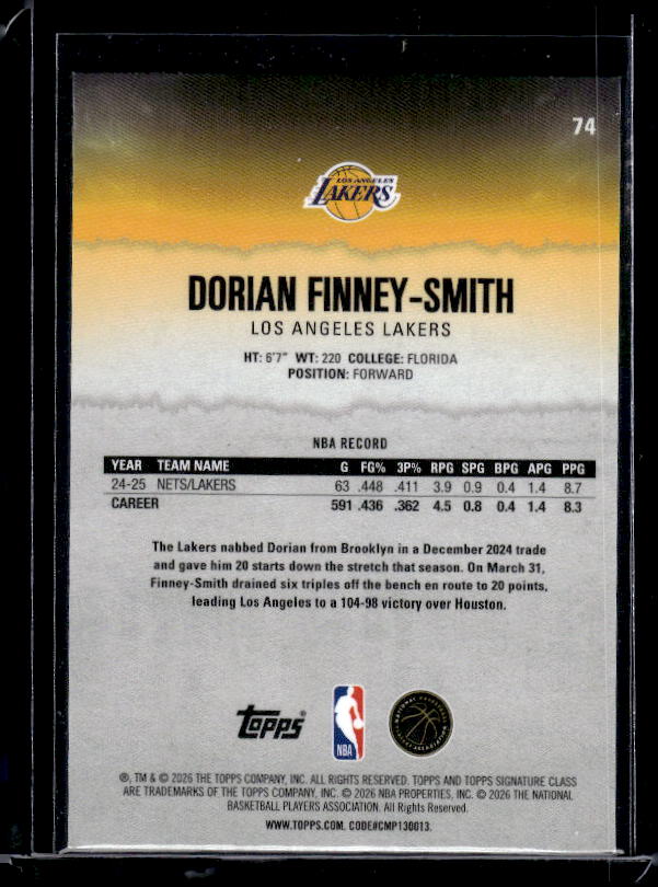 2025-26 Topps Signature Class #74 Dorian Finney-Smith Yellow Chrome #/275