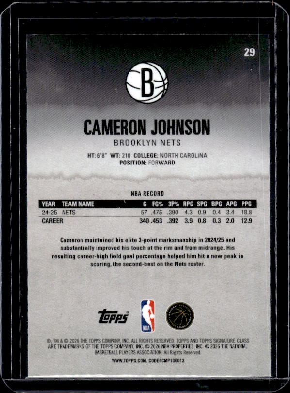 2025-26 Topps Signature Class #29 Cameron Johnson Green #/150