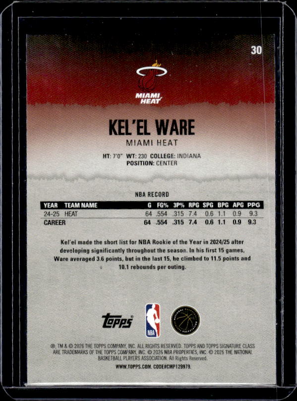 2025-26 Topps Signature Class #30 Kel'el Ware Yellow #/399