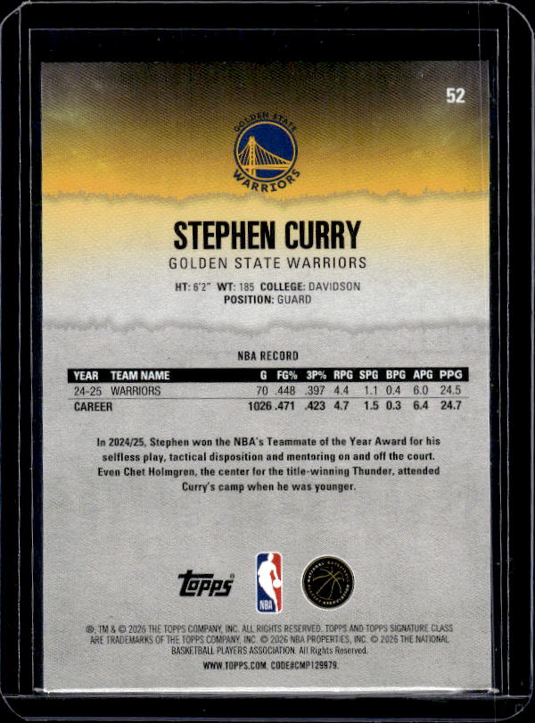 2025-26 Topps Signature Class #52 Stephen Curry