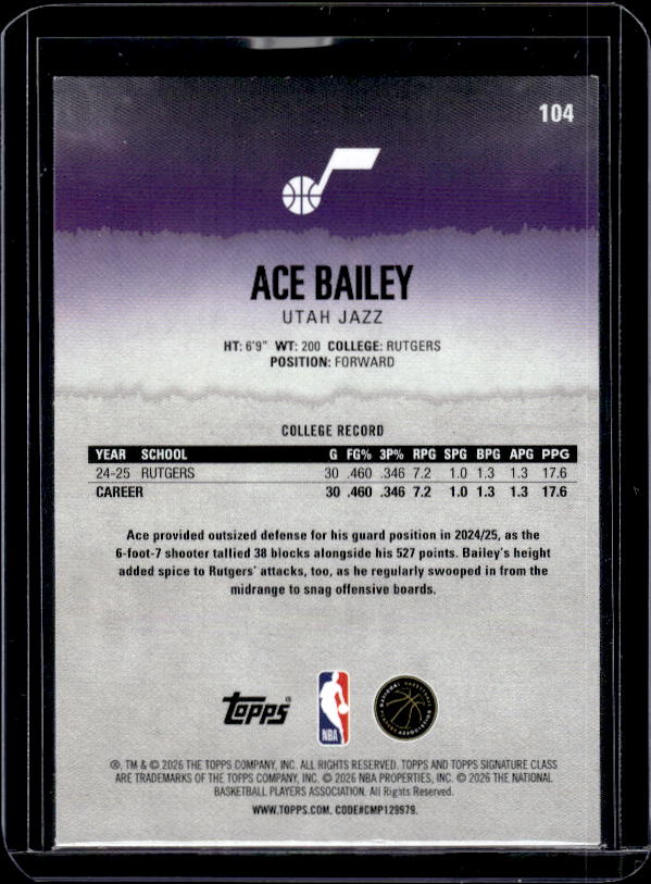 2025-26 Topps Signature Class #104 Ace Bailey