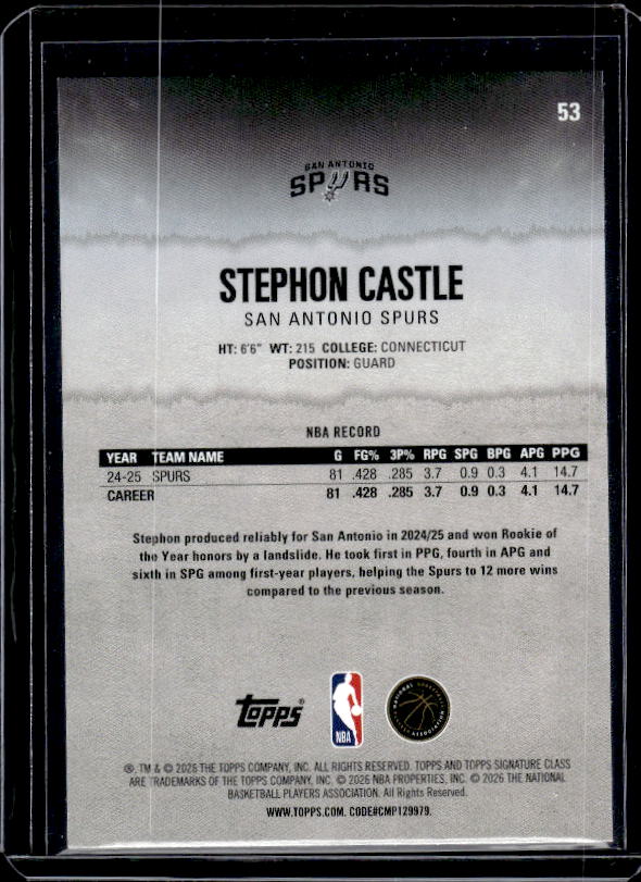 2025-26 Topps Signature Class #53 Stephon Castle