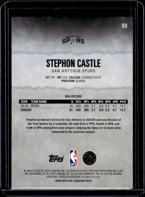 2025-26 Topps Signature Class #53 Stephon Castle