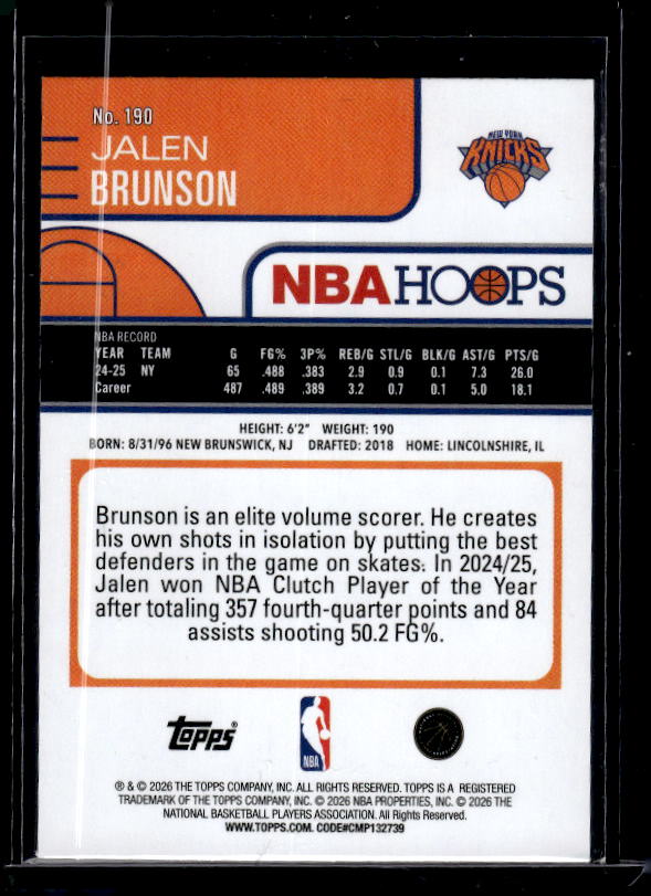 2025-26 Hoops #190 Jalen Brunson Orange Hoops