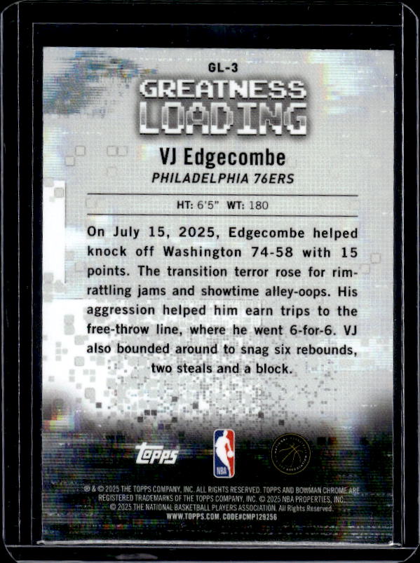 2025-26 Bowman #GL-3 VJ Edgecombe Greatness Loading