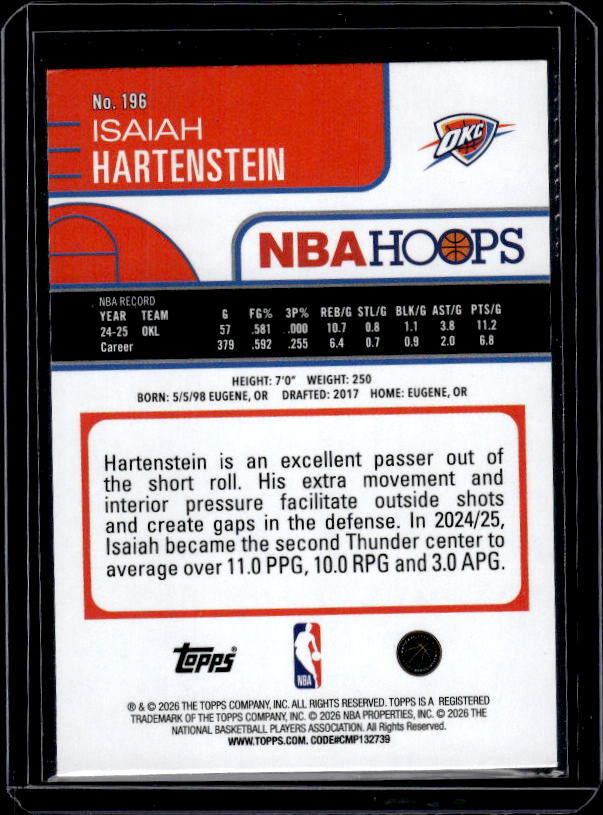 2025-26 Hoops #196 Isaiah Hartenstein Rainbow Purple & Blue #/199