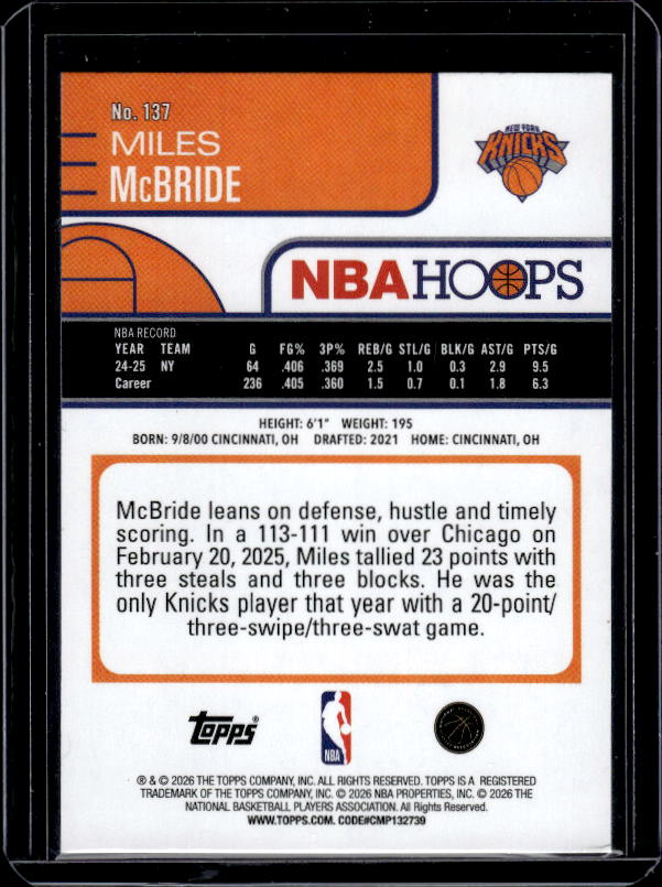 2025-26 Hoops #137 Miles McBride Pixel Burst