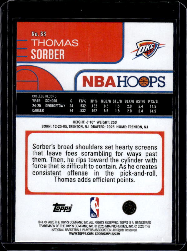 2025-26 Hoops #88 Thomas Sorber Rainbow