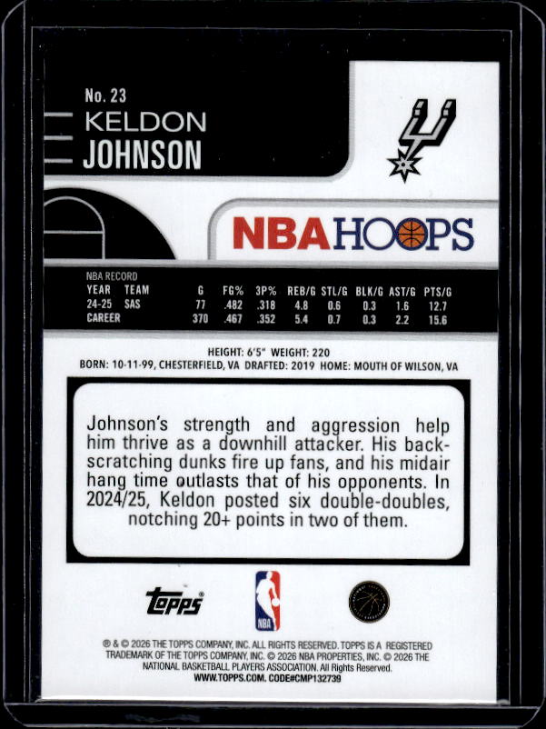 2025-26 Hoops #23 Keldon Johnson Orange Hoops
