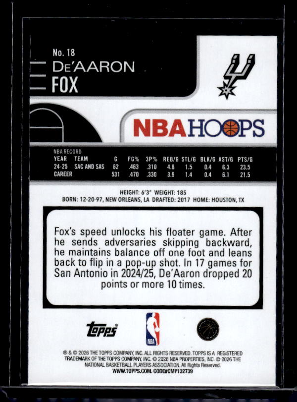 2025-26 Hoops #18 De'Aaron Fox