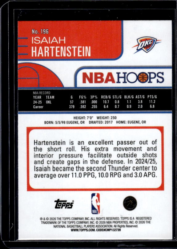2025-26 Hoops #196 Isaiah Hartenstein Green Hoops
