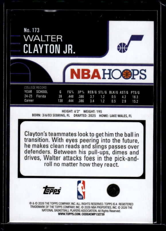 2025-26 Hoops #173 Walter Clayton Jr. Green Hoops