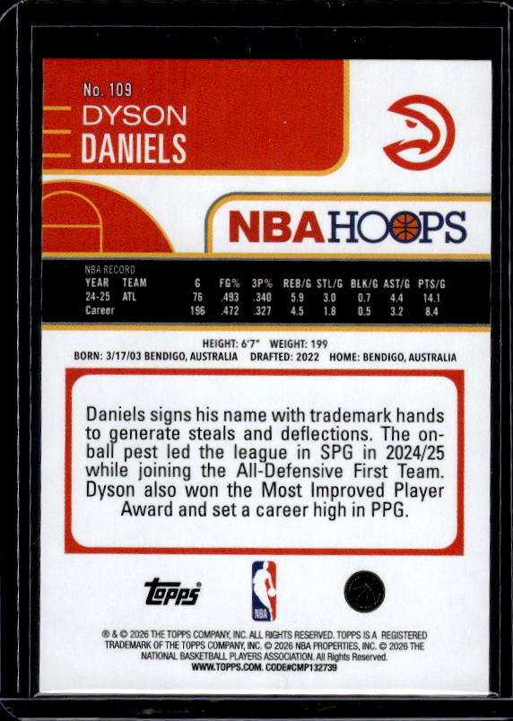 2025-26 Hoops #109 Dyson Daniels Orange Hoops