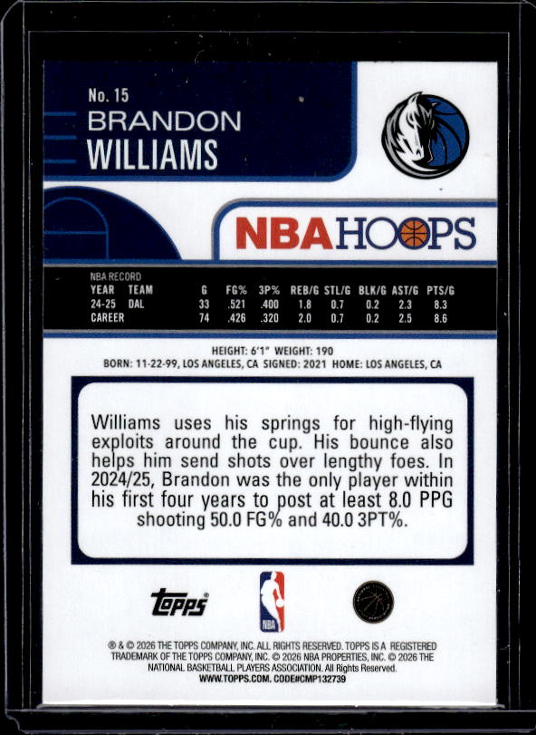 2025-26 Hoops #15 Brandon Williams Rainbow