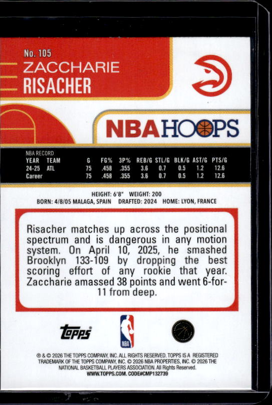 2025-26 Hoops #105 Zaccharie Risacher Orange Hoops