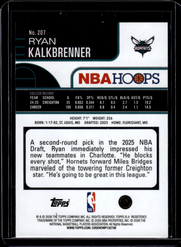 2025-26 Hoops #207 Ryan Kalkbrenner Orange Hoops