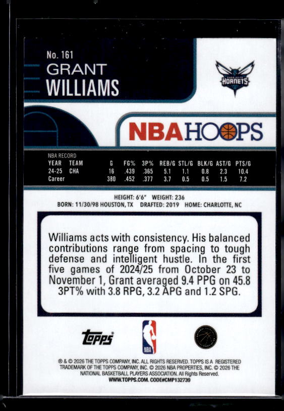 2025-26 Hoops #161 Grant Williams Pixel Burst