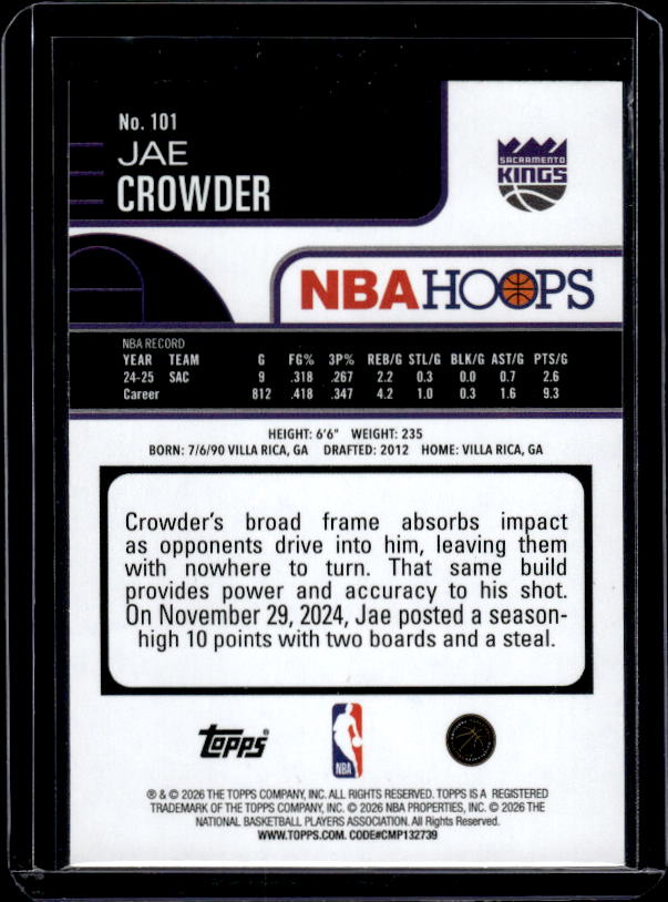 2025-26 Hoops #101 Jae Crowder Pixel Burst
