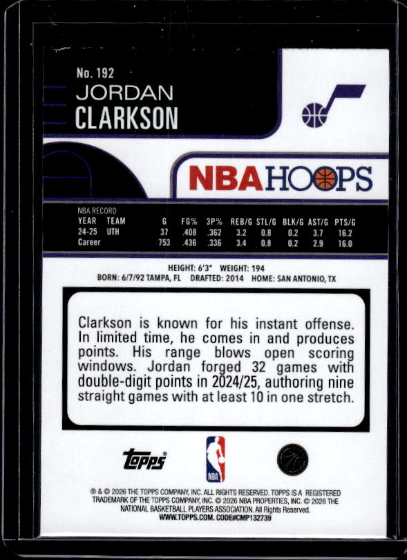 2025-26 Hoops #192 Jordan Clarkson Rainbow