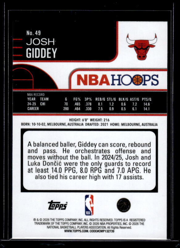 2025-26 Hoops #49 Josh Giddey Green Hoops