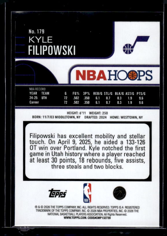 2025-26 Hoops #179 Kyle Filipowski Green Hoops