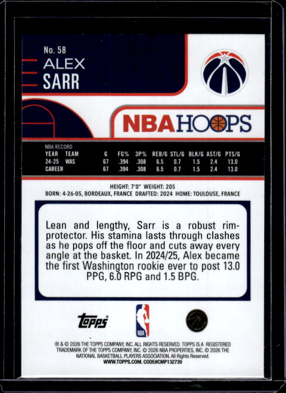 2025-26 Hoops #58 Alex Sarr Green Hoops