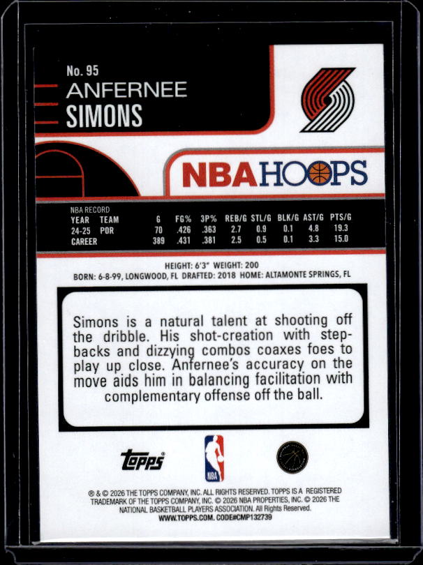 2025-26 Hoops #95 Anfernee Simons Green Hoops