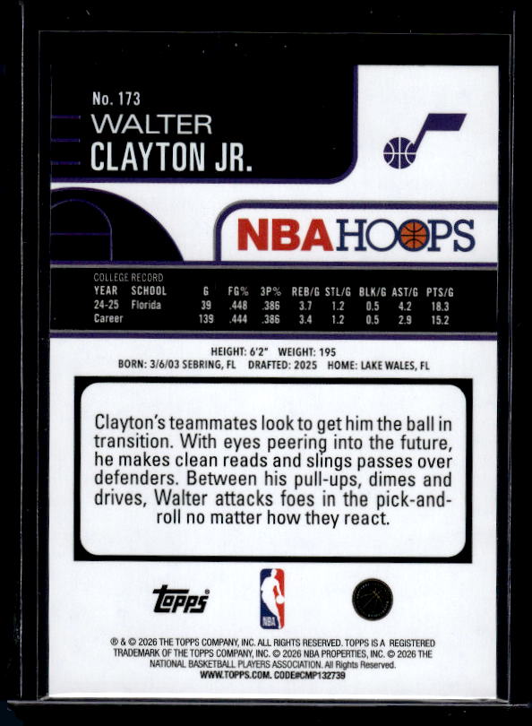 2025-26 Hoops #173 Walter Clayton Jr. Green Hoops