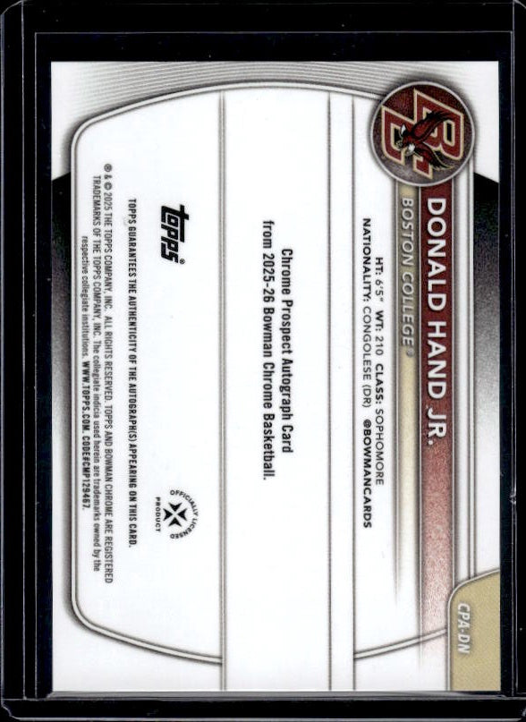 2025-26 Bowman #CPA-DN Donald Hand Jr. Chrome Prospect Auto Green Shimmer #/99