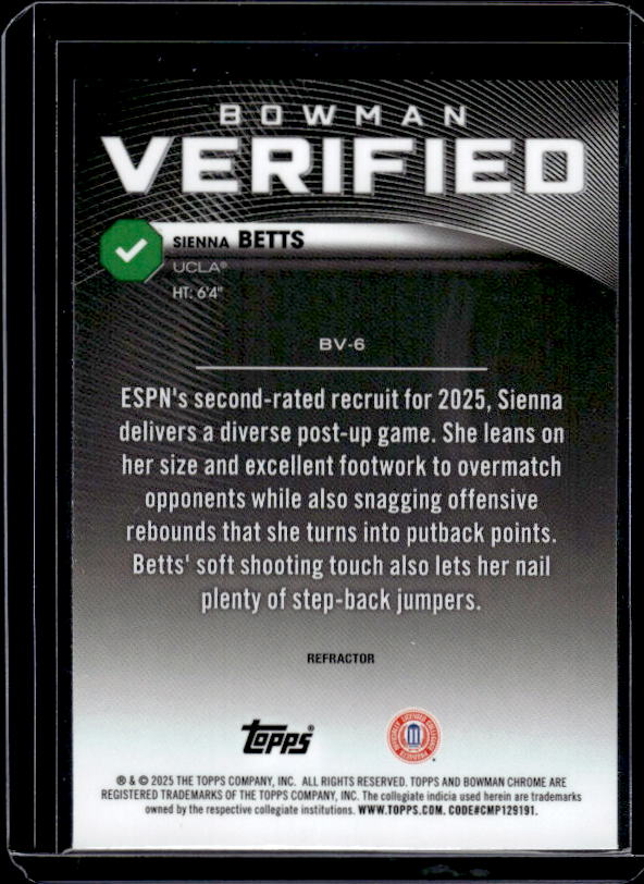 2025-26 Bowman #BV-6 Sienna Betts Bowman Verified Refractor