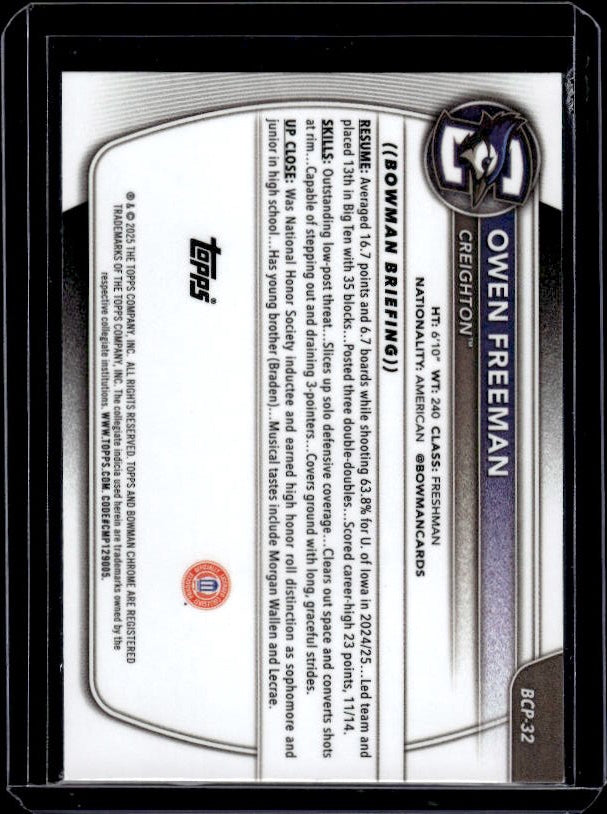 2025-26 Bowman #BCP-32 Owen Freeman Chrome Prospects