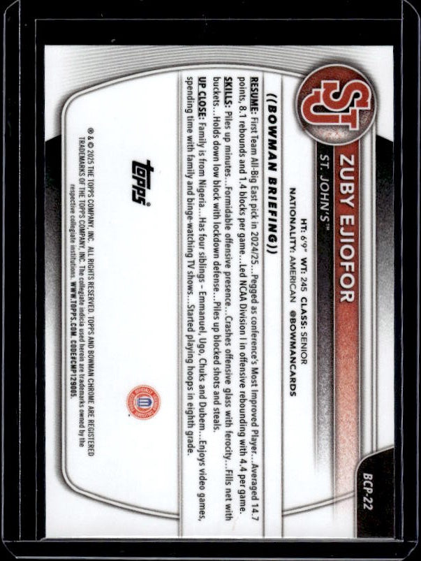 2025-26 Bowman #BCP-22 Zuby Ejiofor Chrome Prospects