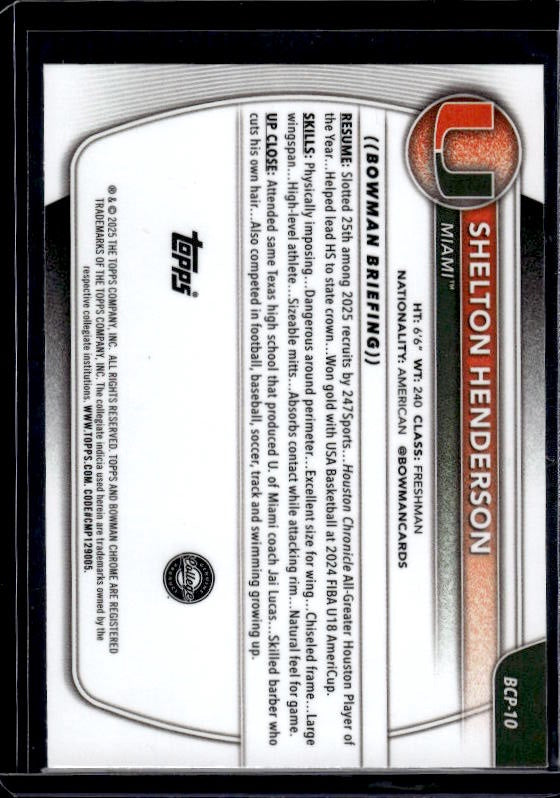 2025-26 Bowman #BCP-10 Shelton Henderson Chrome Prospects