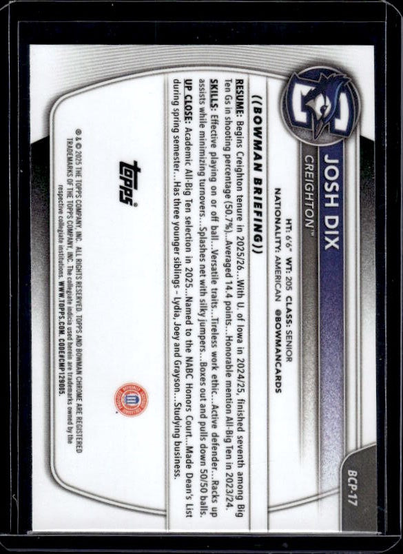 2025-26 Bowman #BCP-17 Josh Dix Chrome Prospects Reptilian Refractor
