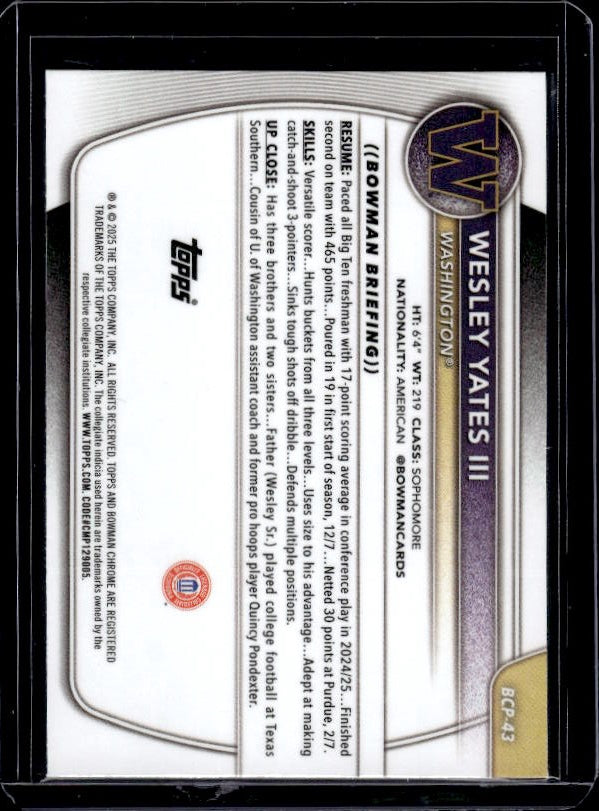 2025-26 Bowman #BCP-43 Wesley Yates III Chrome Prospects Mojo Refractor