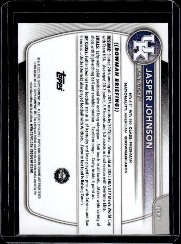 2025-26 Bowman #BCP-6 Jasper Johnson Chrome Prospects Mojo Refractor