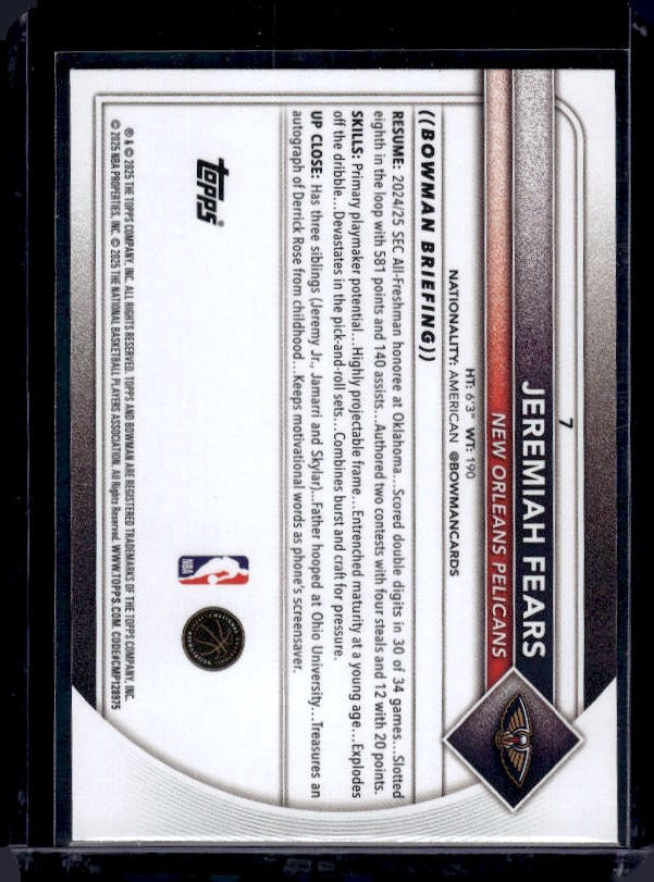 2025-26 Bowman #7 Jeremiah Fears