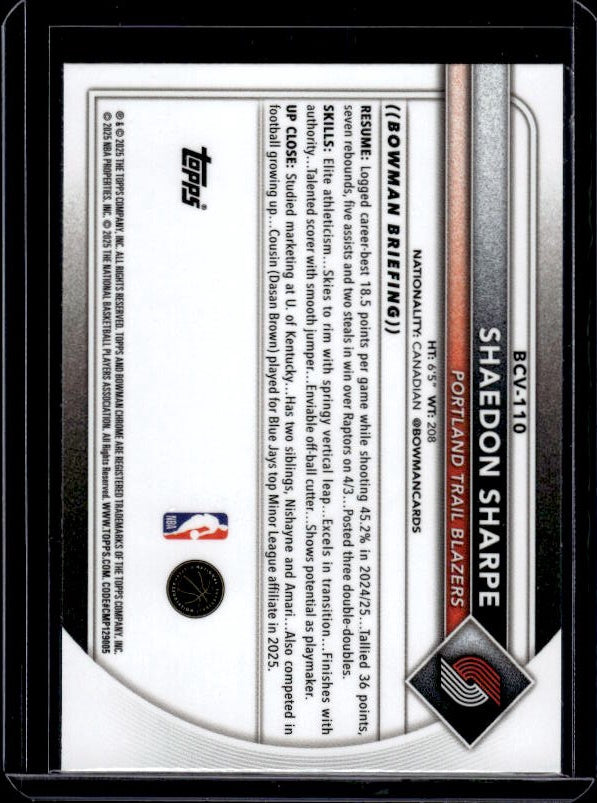 2025-26 Bowman #BCV-110 Shaedon Sharpe Chrome