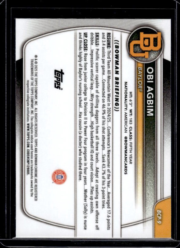 2025-26 Bowman #BCP-9 Obi Agbim Chrome Prospects