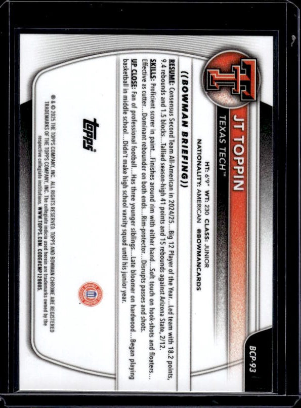 2025-26 Bowman #BCP-93 JT Toppin Chrome Prospects