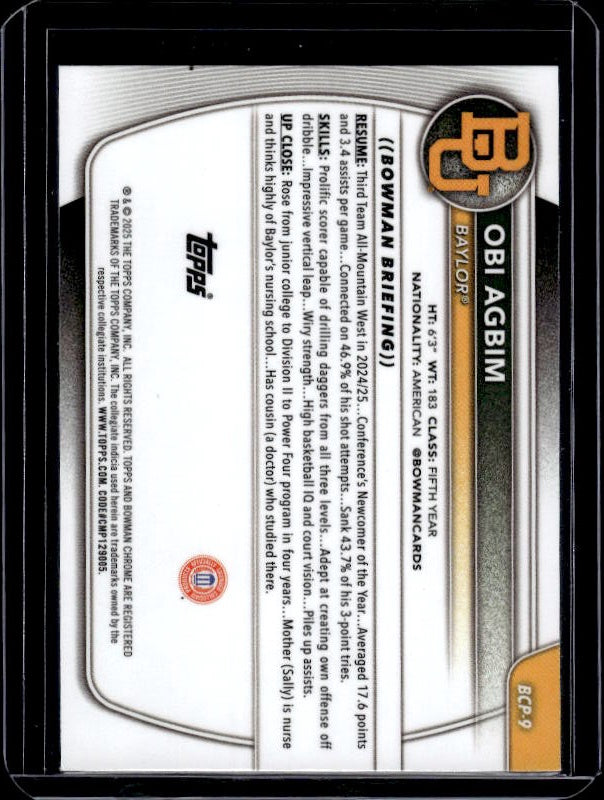 2025-26 Bowman #BCP-9 Obi Agbim Chrome Prospects